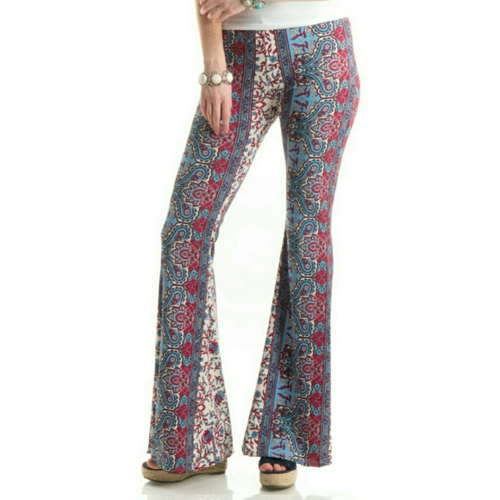 Womens Boho Paisley Print Bell Bottoms, Large